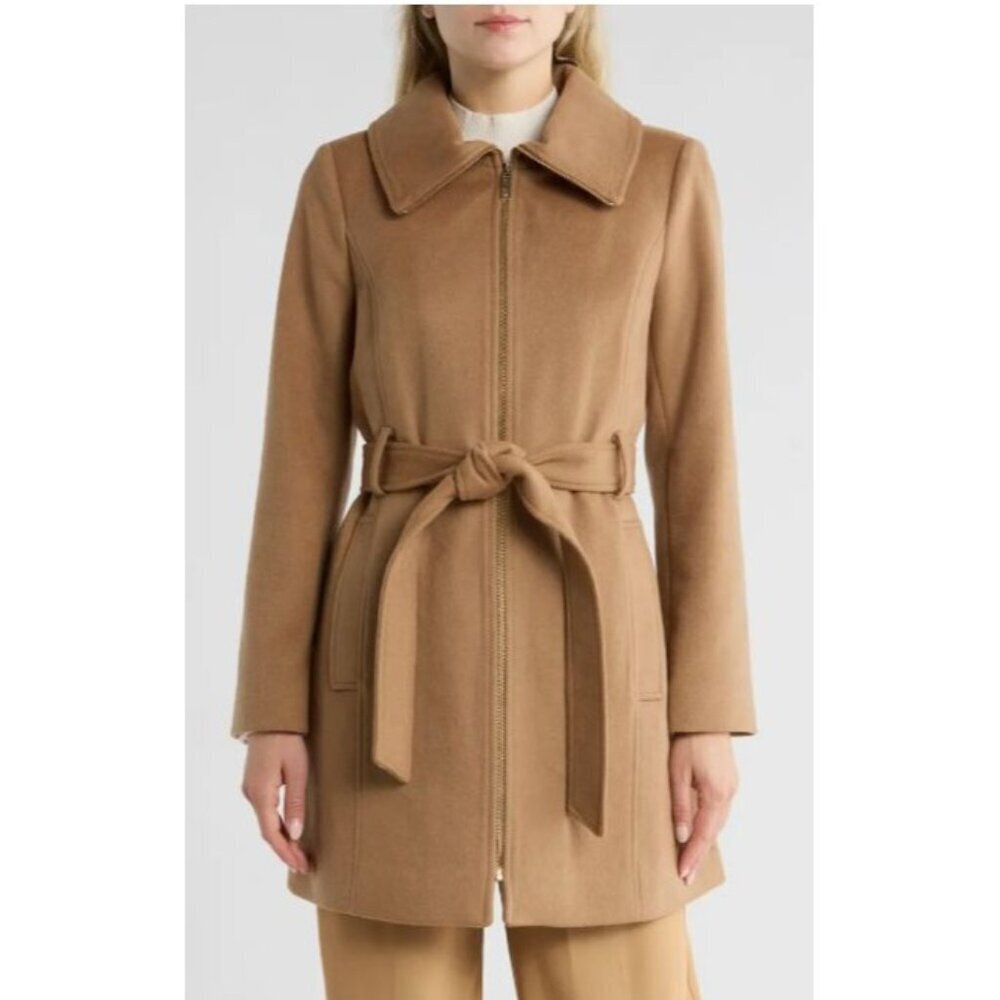 Michael Kors Womens Carmel Full Zip Wool Blend Belted Mid Length Coat Sz XL New